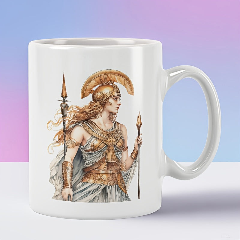 Tailorly White Ceramic 11 oz Mug - Ancient Greek Goddess Wearing Golden Armor And Plumed Helmet Holding Spears Warrior