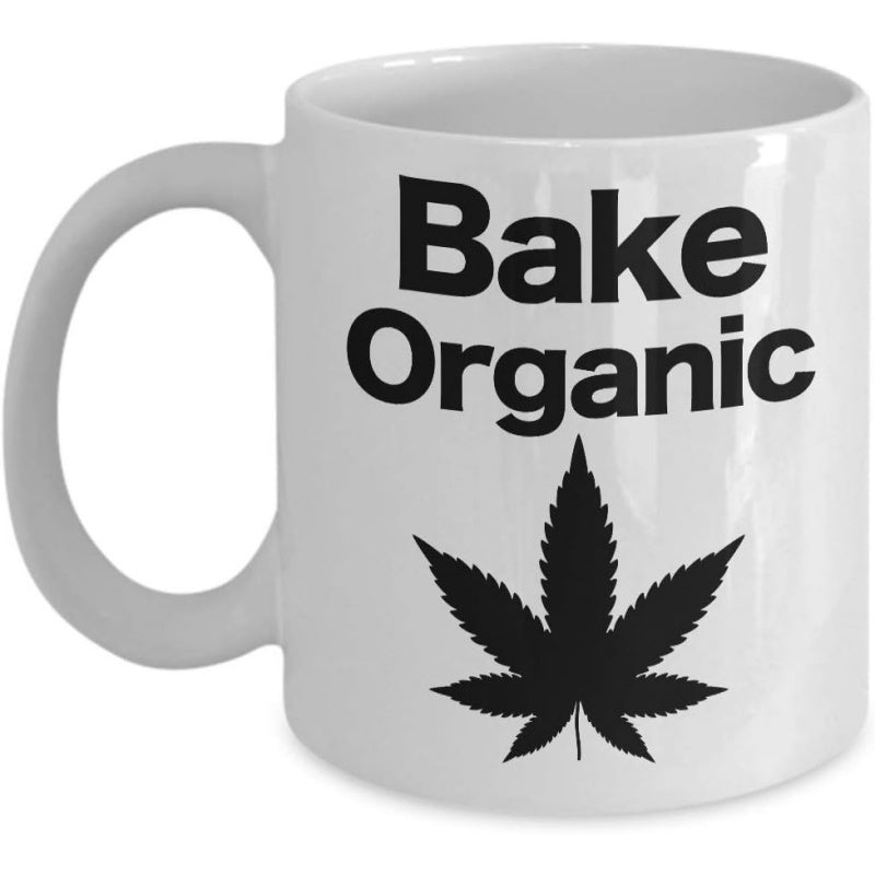 Tailorly White Ceramic 11 oz Mug - Bake Organic Minimalist Black Jagged Edged Botanical Plant Silhouette Featuring A Iconic Hemp Leaf