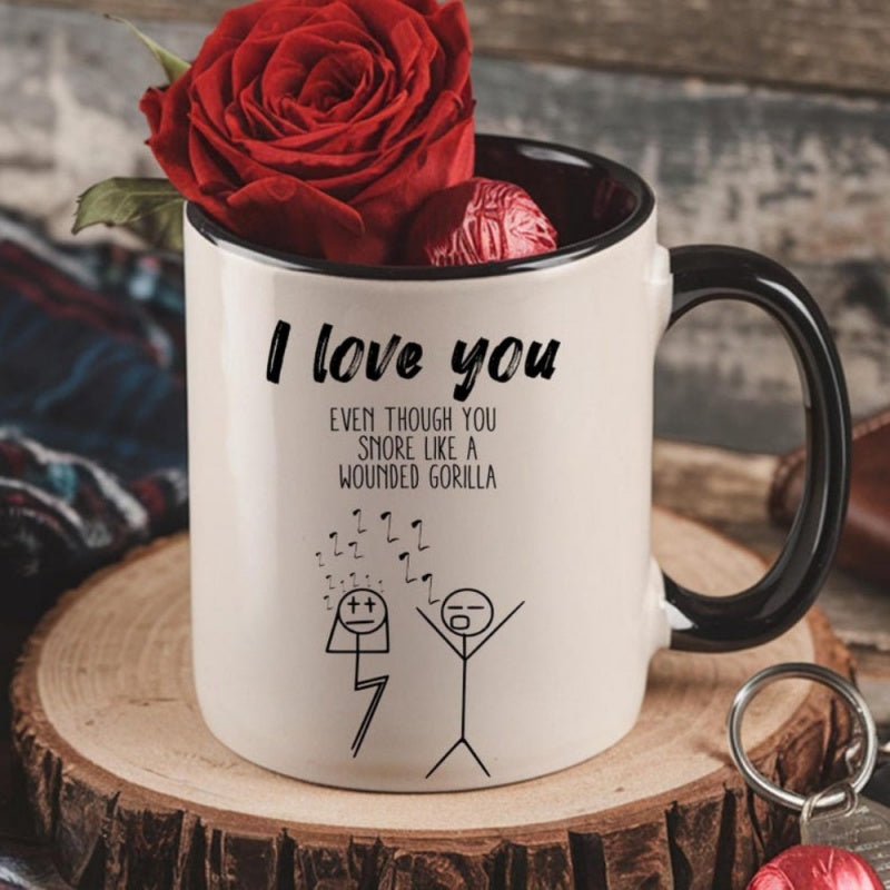 Tailorly Black Accent 11 oz Mug - funny valentines day text "i love you though you snore like a"