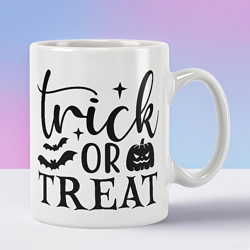 Tailorly White Ceramic 11 oz Mug - Trick Or Treat Spooky Halloween Design Featuring Bats And Grinning Jack Lantern Pumpkin