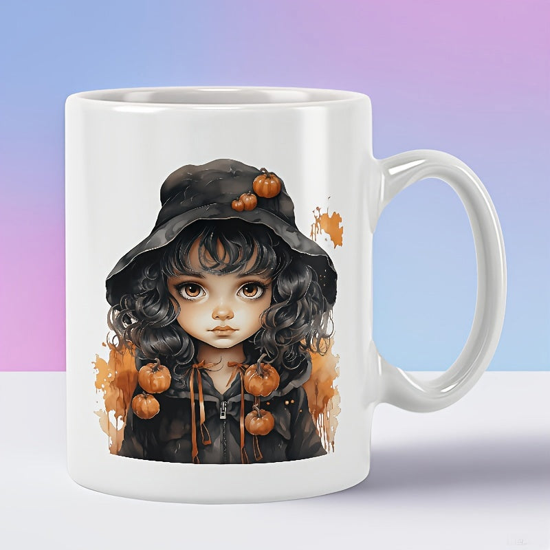 Tailorly White Ceramic 11 oz Mug - Dark Wavy Hair Wearing Black Hat Adorned With Tiny Orange Pumpkins Girl