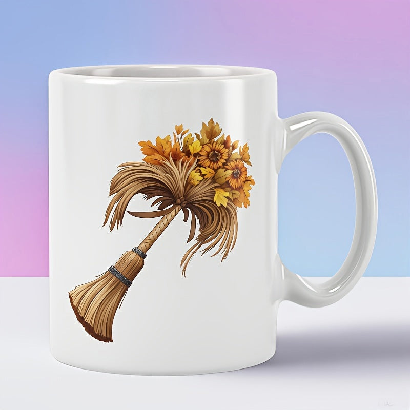 Tailorly White Ceramic 11 oz Mug - Rustic Wooden Texture Featuring Golden Autumn Sunflower And Vibrant Falling Leaves Broomstick
