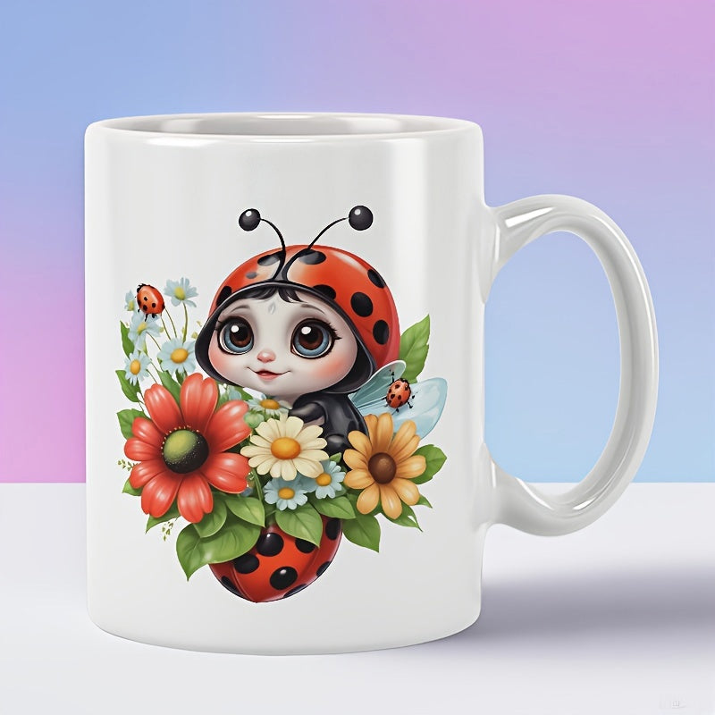 Tailorly White Ceramic 11 oz Mug - Sweet Cartoon Girl In Ladybug Outfit Resting Amidst Vibrant Garden Flowers Ladybug