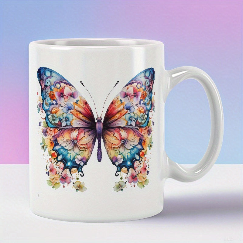 Tailorly White Ceramic 11 oz Mug - Intricate Colorful Floral Wings Gracefully Resting Upon A Beautiful Decorative Butterfly
