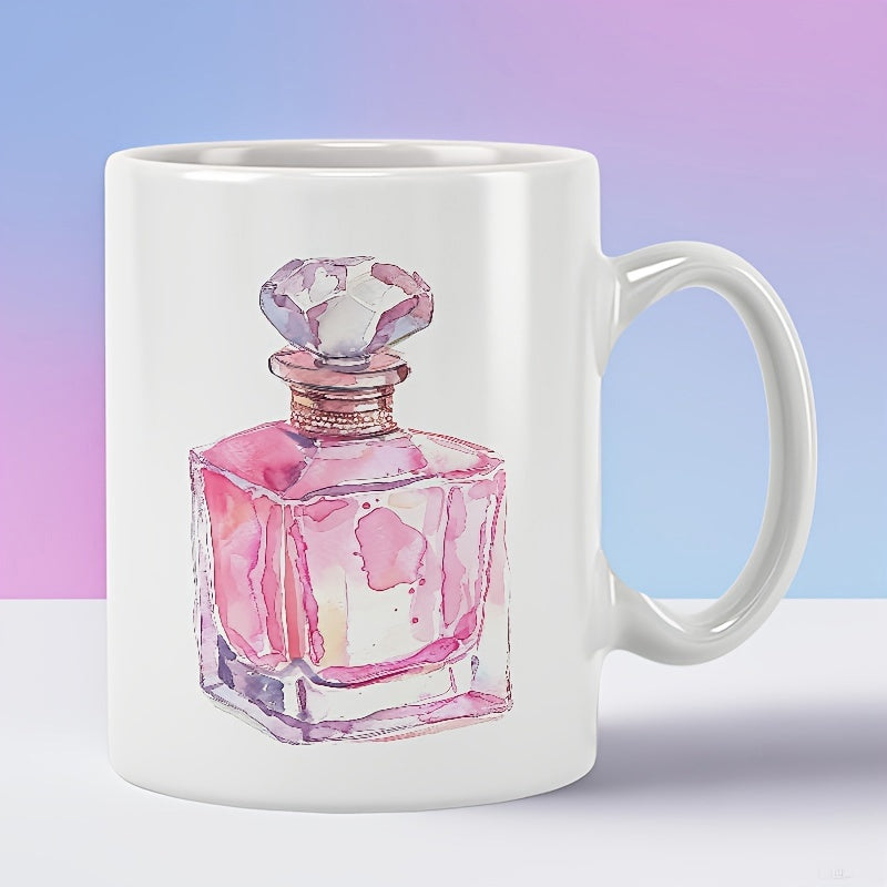 Tailorly White Ceramic 11 oz Mug - Watercolor Pink Crystal Fragrance Container Featuring Elegant Diamond Top Perfume Bottle
