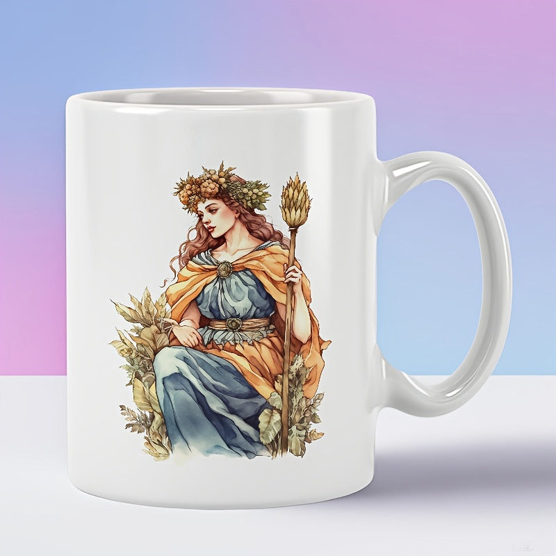 Tailorly White Ceramic 11 oz Mug - Vintage Mythological Figure Resting Among Harvest Grain Holding Ancient Scepter Goddess