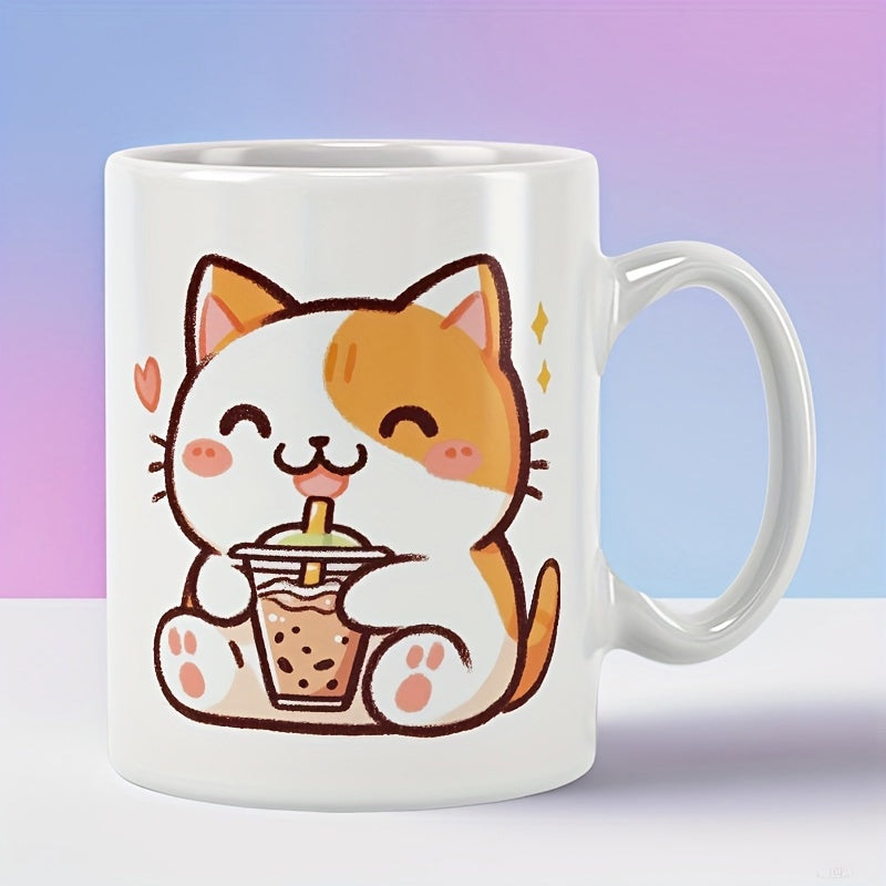 Tailorly White Ceramic 11 oz Mug - Cute Hand Drawn Calico Sitting And Drinking Sweet Pearl Bubble Tea Cat