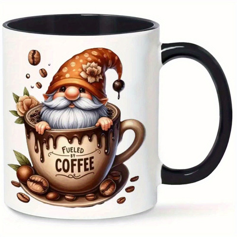 Tailorly Black Accent 11 oz Mug - whimsical gnome with floral hat and beans