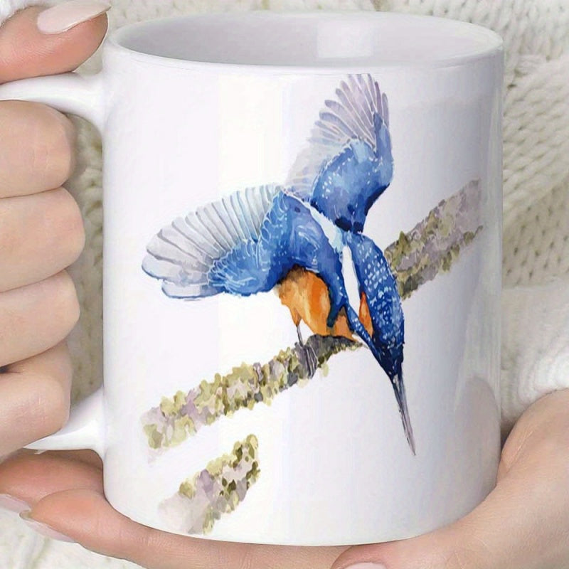 Tailorly White Ceramic 11 oz Mug - Artistic Watercolor Blue Bird Perched Upon A Mossy Branch Kingfisher