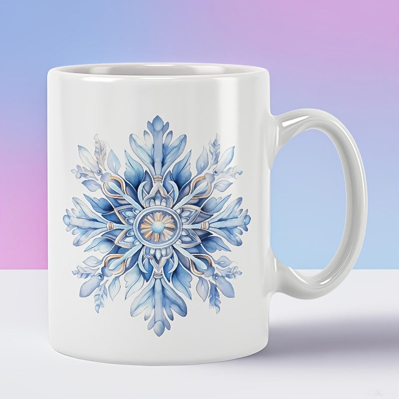 Tailorly White Ceramic 11 oz Mug - Intricate Symmetrical Blue Watercolor Frozen Crystal Pattern Winter Ornate Snowflake