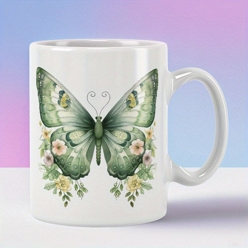Tailorly White Ceramic 11 oz Mug - Elegant Wings Resting On Delicate Wildflowers In A Serene Garden Butterfly