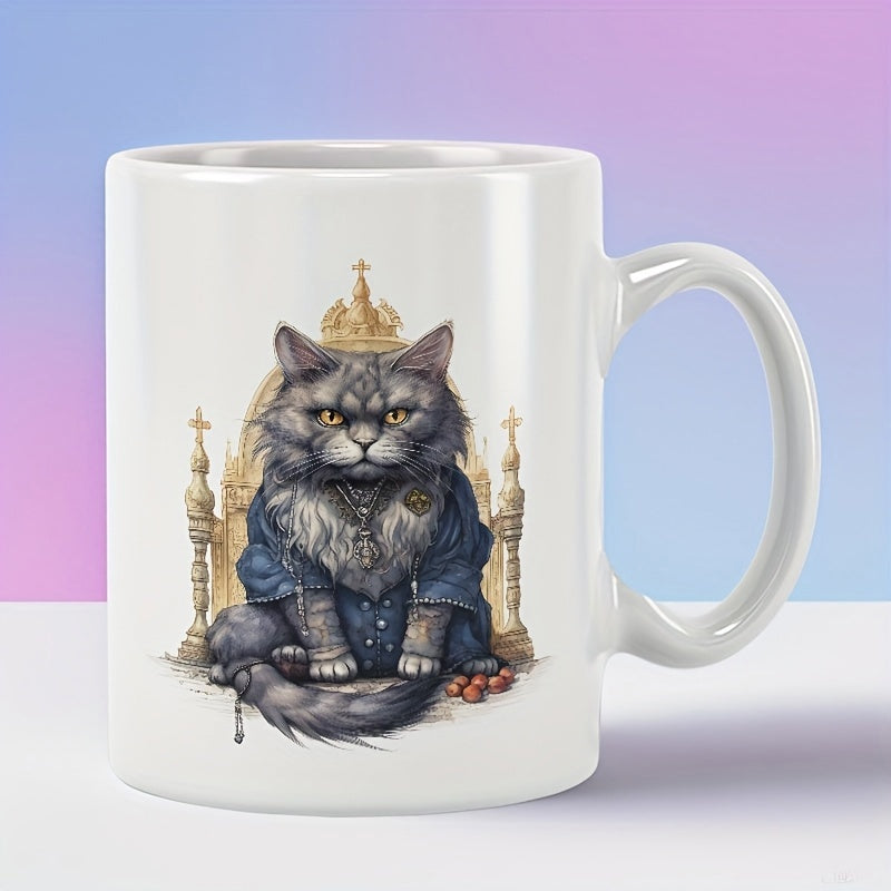 Tailorly White Ceramic 11 oz Mug - Majestic Fluffy Grey Feline Wearing Royal Blue Garment On Golden Throne Cat