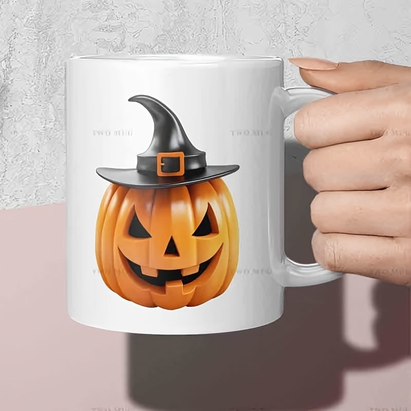 Tailorly White Ceramic 11 oz Mug - Spooky Halloween Jack O Lantern Wearing A Sharp Pointed Hat Pumpkin