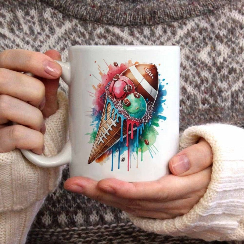 Tailorly White Ceramic 11 oz Mug - Colorful Artistic Splashes Surrounding A Textured Sport Themed Melting Dessert Football