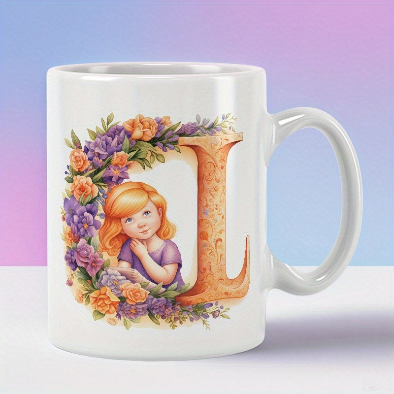 Tailorly White Ceramic 11 oz Mug - L Ornate Golden Monogram Surrounded By Vibrant Flowers And Cute Little Girl Mug