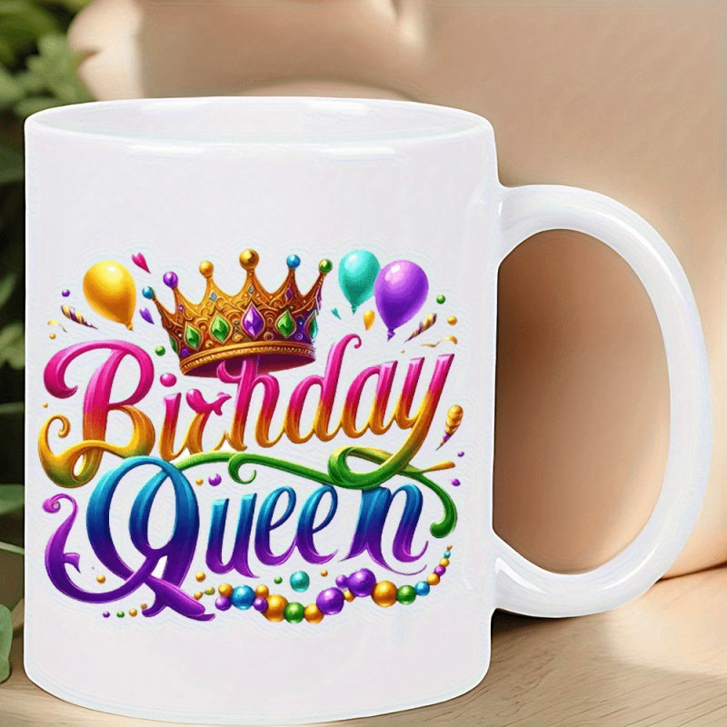 Tailorly White Ceramic 11 oz Mug - Birthday Queen Festive Golden Crown Surrounded By Colorful Balloons And Sparkling Decorative Beads Crown