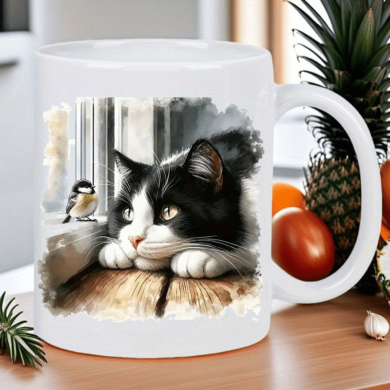 Tailorly White Ceramic 11 oz Mug - Artistic Watercolor Illustration Of A Tuxedo Feline Resting On Wood Cat
