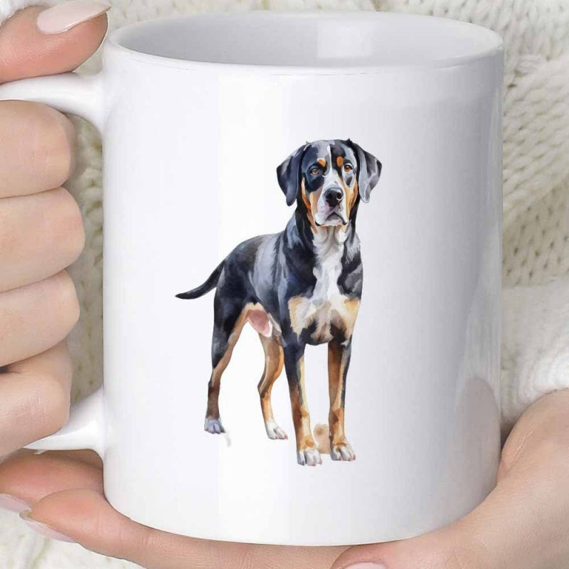 Tailorly White Ceramic 11 oz Mug - Realistic Watercolor Illustration Of A Majestic Standing Tricolor Breed Dog