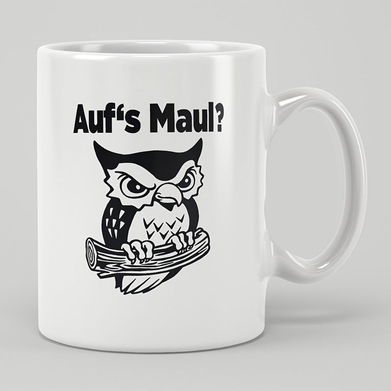 Tailorly White Ceramic 11 oz Mug - Aggressive Cartoon Bird Perched On A Solid Wooden Tree Branch Owl