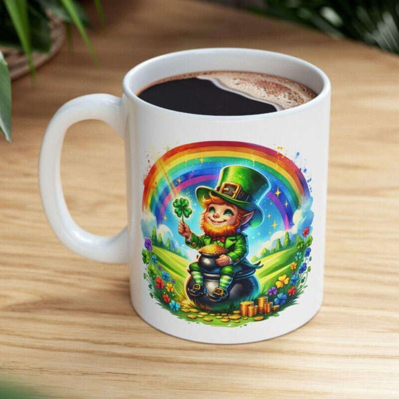 Tailorly White Ceramic 11 oz Mug - Cheerful Figure Sitting On Pot Of Gold Under Bright Rainbow Leprechaun