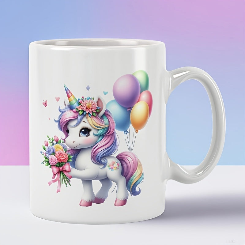 Tailorly White Ceramic 11 oz Mug - Adorable Cartoon Character With Colorful Mane Balloons And Flower Bouquet Unicorn
