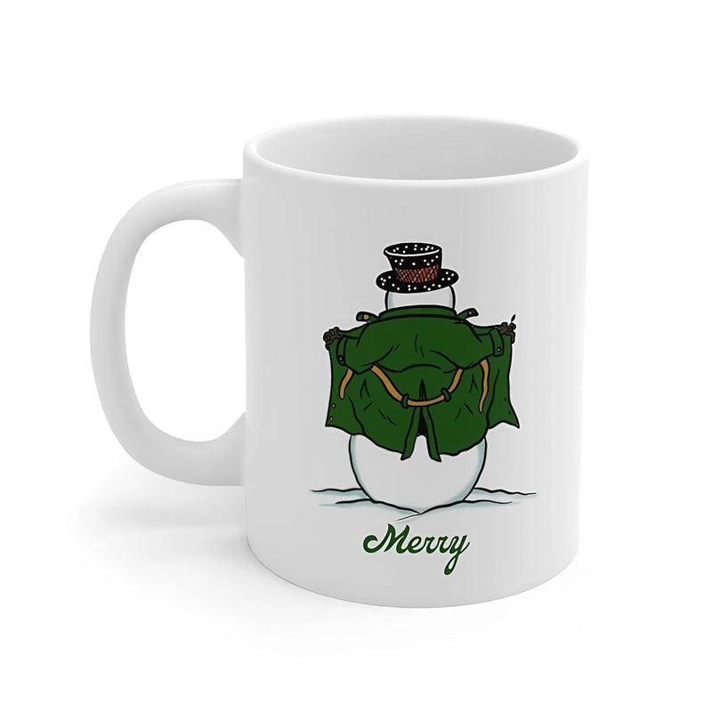Tailorly White Ceramic 11 oz Mug - Merry Funny Festive Character Wearing A Green Trench Coat And Hat Snowman