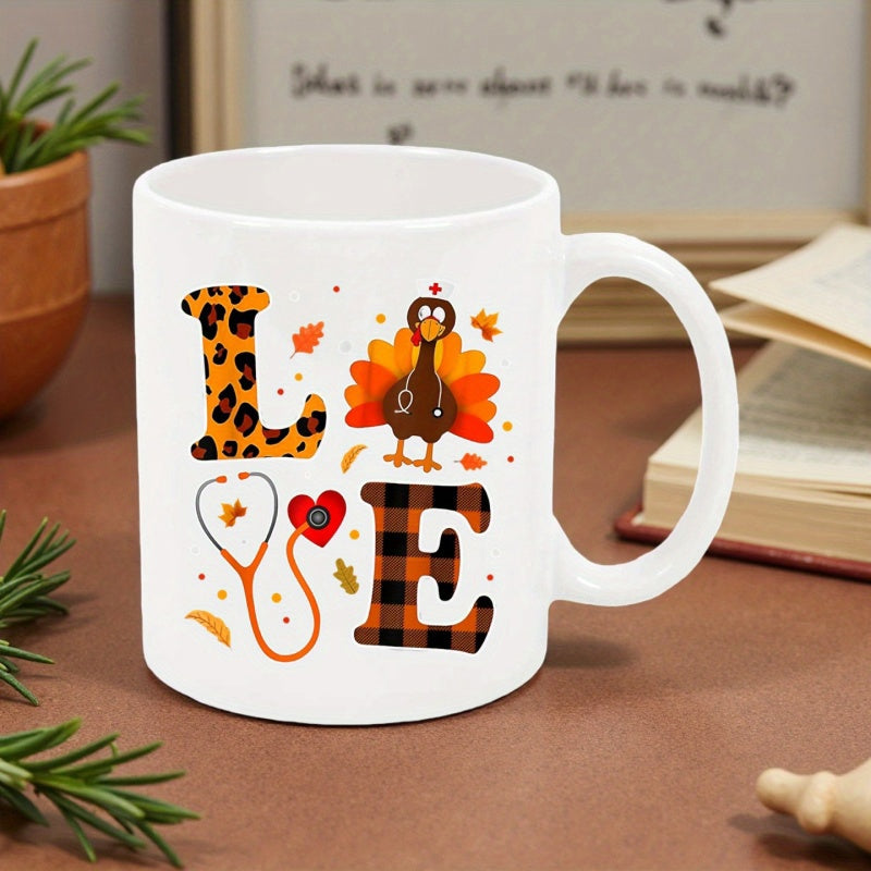 Tailorly White Ceramic 11 oz Mug - Love Festive Turkey Wearing Stethoscope With Leopard And Plaid Patterns Among Leaves Mug