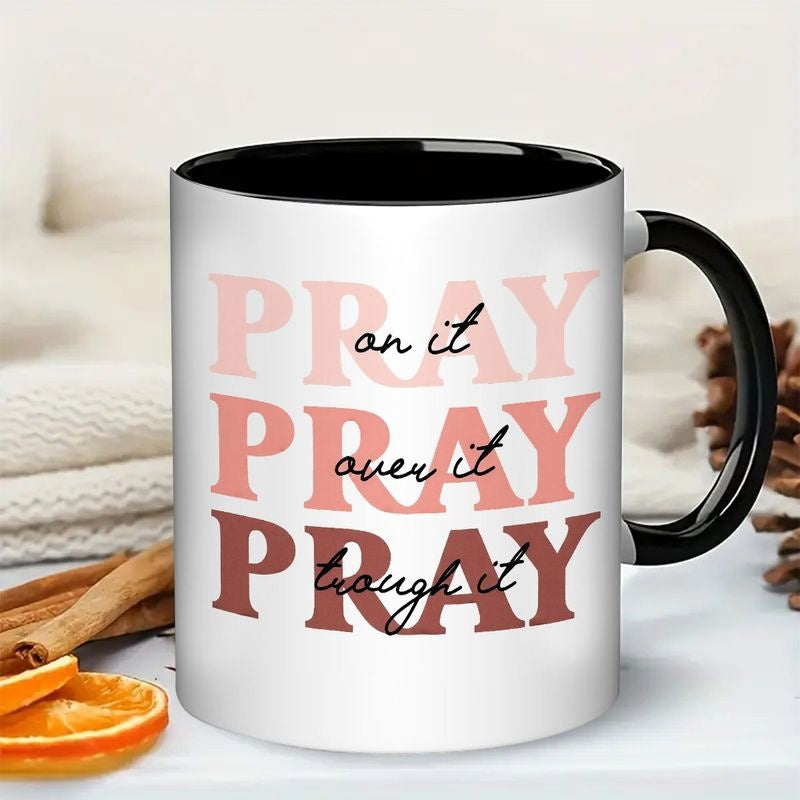 Tailorly Black Accent 11 oz Mug - pray on it through it christian inspirational bible verse
