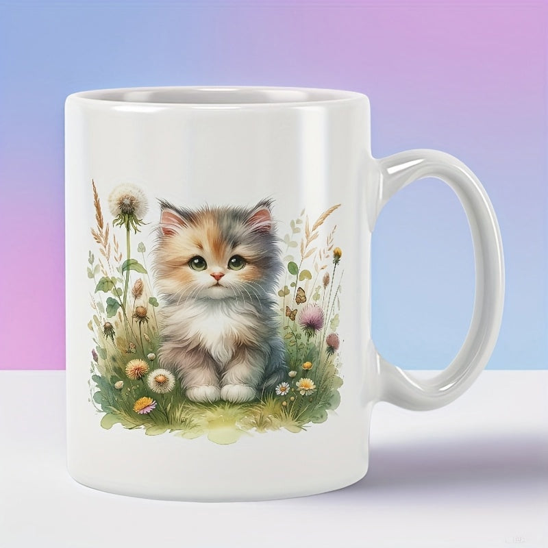 Tailorly White Ceramic 11 oz Mug - Adorable Fluffy Calico Sitting Peacefully Among Dandelions And Grass Within Summer Meadow Kitten