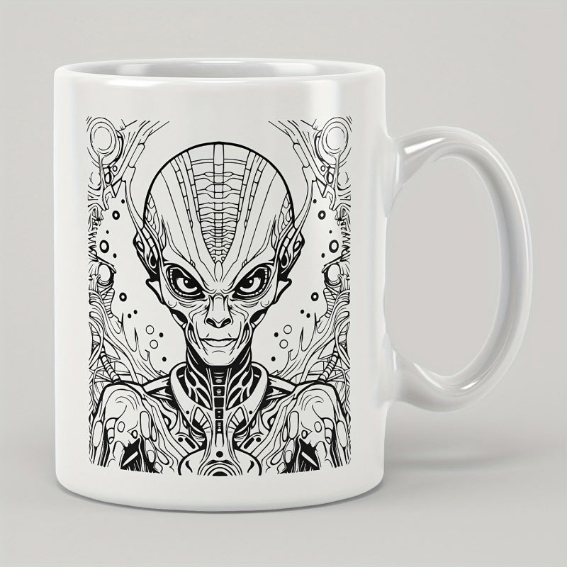 Tailorly White Ceramic 11 oz Mug - Intricate Black And White Cybernetic Mechanical Details Featuring A Futuristic Cosmic Humanoid Alien
