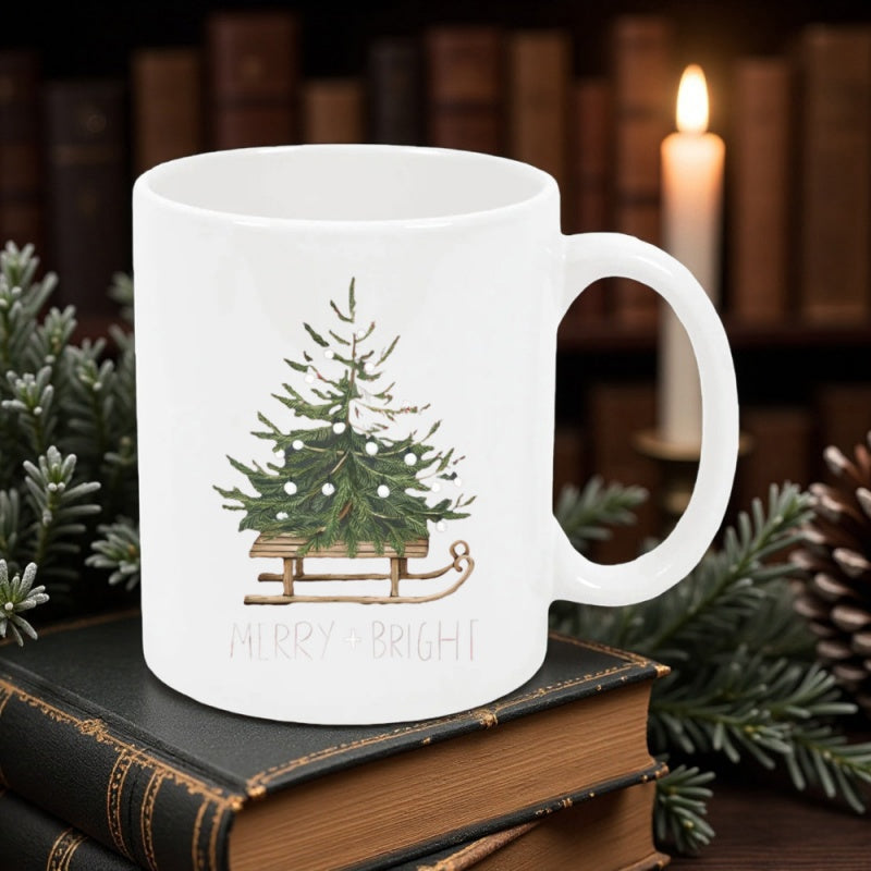 Tailorly White Ceramic 11 oz Mug - Merry Bright Watercolor Style Christmas Tree Sitting On A Rustic Wooden Sled Tree