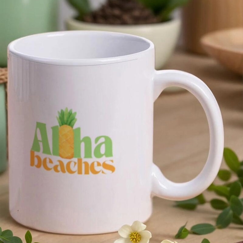 Tailorly White Ceramic 11 oz Mug - Aloha Beaches Tropical Summer Vibes With Sun Ripened Fruit And Green Leaves Pineapple