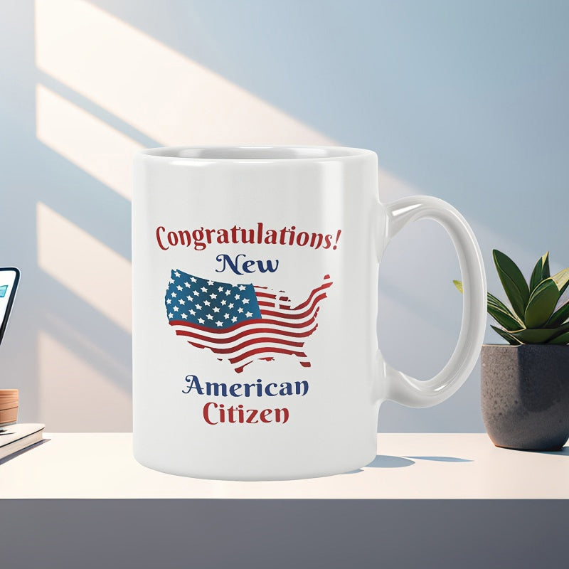 Tailorly White Ceramic 11 oz Mug - Congratulations New American Citizen Patriotic United States Map Filled With Symbolic Stars And Stripes Map