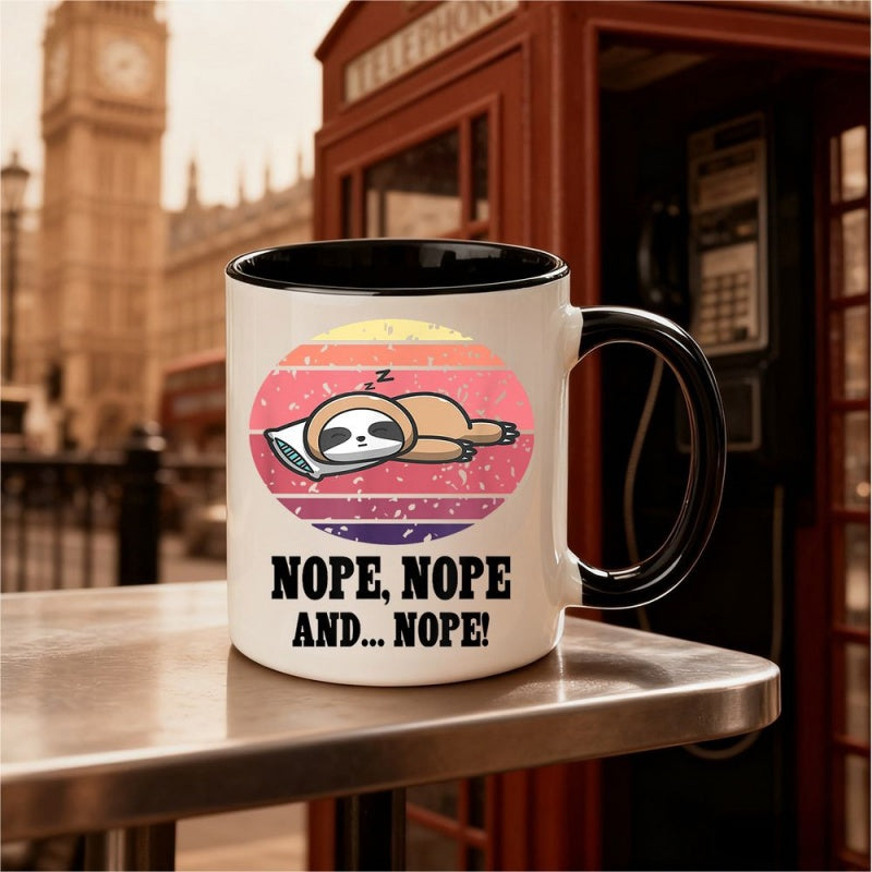 Tailorly Black Accent 11 oz Mug - sloth design with "nope" text