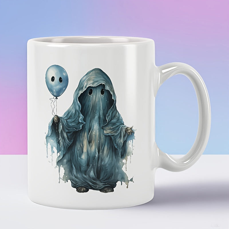 Tailorly White Ceramic 11 oz Mug - Mystical Small Spirit Wearing Draped Blue Fabric Holding A Round Ghost