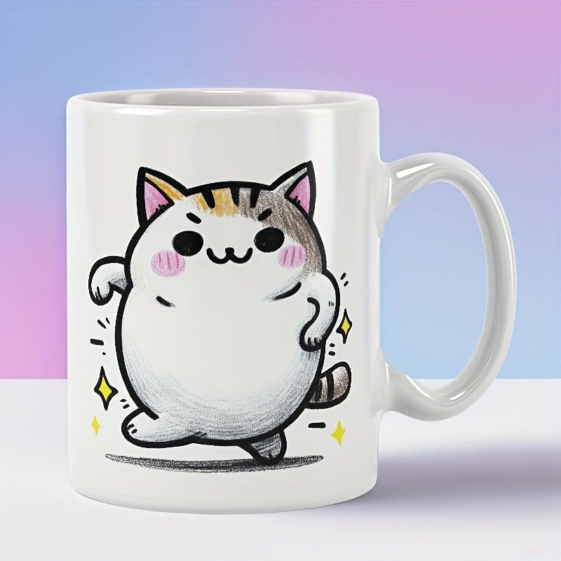 Tailorly White Ceramic 11 oz Mug - Chubby Cartoon Calico Dancing Joyfully With Sparkling Yellow Diamond Accents Cat