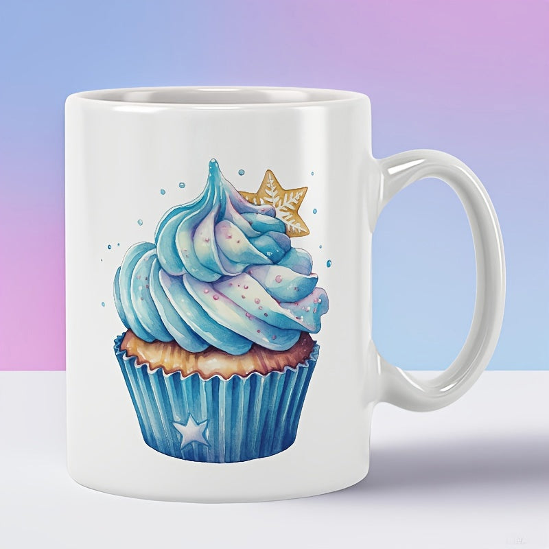 Tailorly White Ceramic 11 oz Mug - Swirled Blue Frosting Featuring A Golden Star And Sparkling Details Cupcake