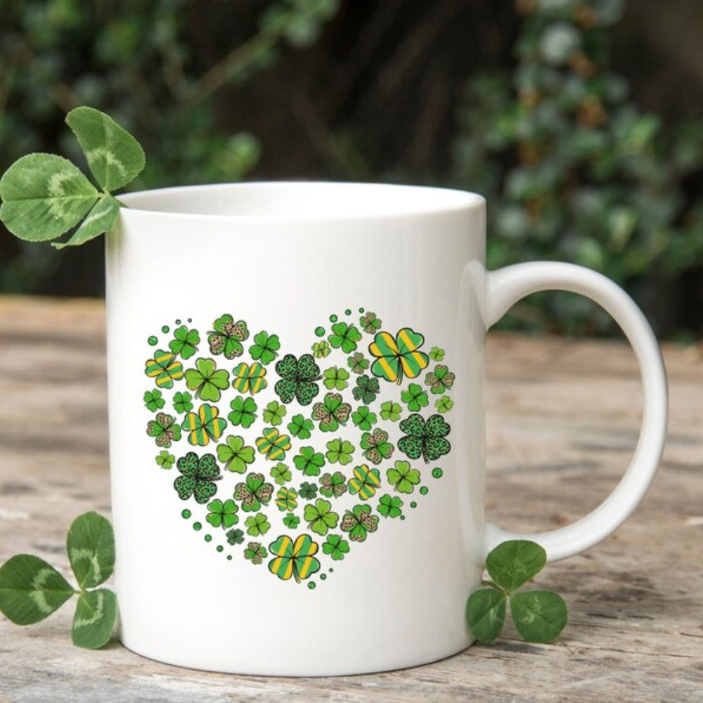 Tailorly White Ceramic 11 oz Mug - Vibrant Green Shamrocks Arranged In A Decorative Symbolic Pattern Forming A Heart