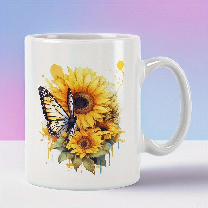 Tailorly White Ceramic 11 oz Mug - Vibrant Butterfly Resting On Blooming Golden Sunflowers Among Watercolor Splatters Sunflower