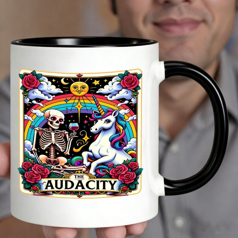 Tailorly Black Accent 11 oz Mug - skeleton unicorn graphic with vibrant retro design