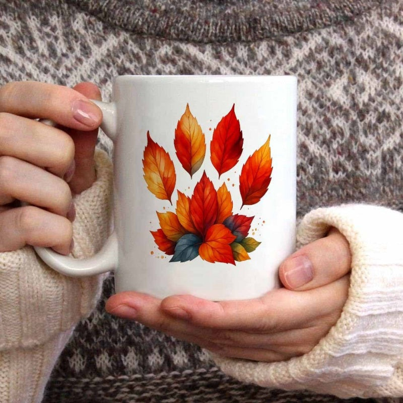 Tailorly White Ceramic 11 oz Mug - Vibrant Autumn Foliage Arranged In A Decorative Paw Shape Cluster Leaves