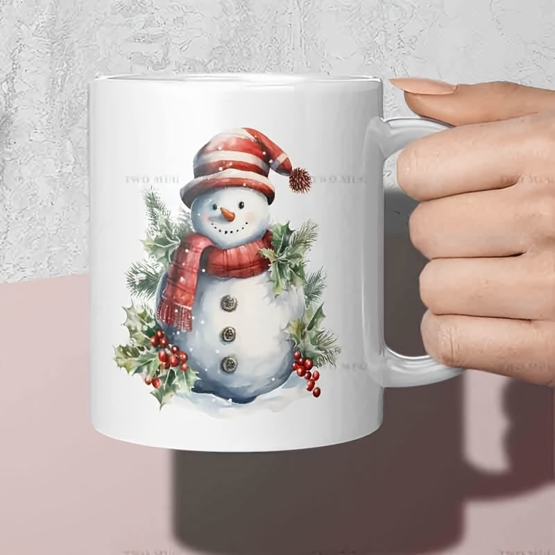 Tailorly White Ceramic 11 oz Mug - Smiling Festive Winter Character With Red Scarf And Green Holly Leaves Snowman