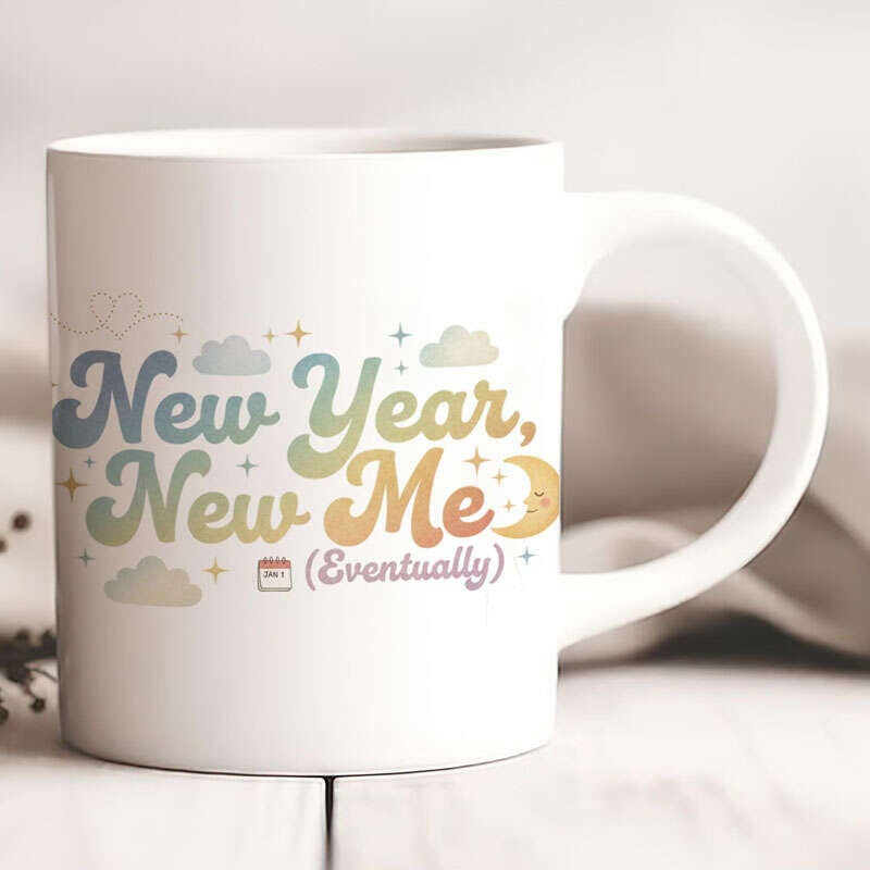 Tailorly White Ceramic 11 oz Mug - New Year New Me Eventually Retro Pastel Clouds And Stars Surrounding A Smiling Crescent Moon