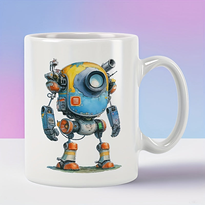 Tailorly White Ceramic 11 oz Mug - Weathered Steampunk With Round Blue And Yellow Metal Body Standing On Mechanical Legs Robot