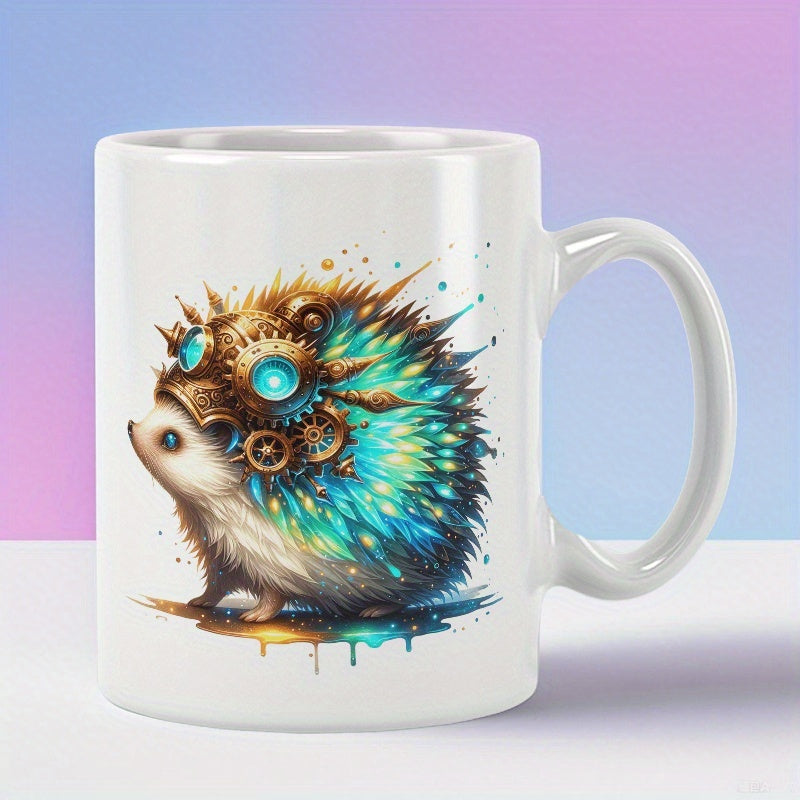 Tailorly White Ceramic 11 oz Mug - Vibrant Teal Quills With Golden Steampunk Gears And Goggles Mechanical Hedgehog