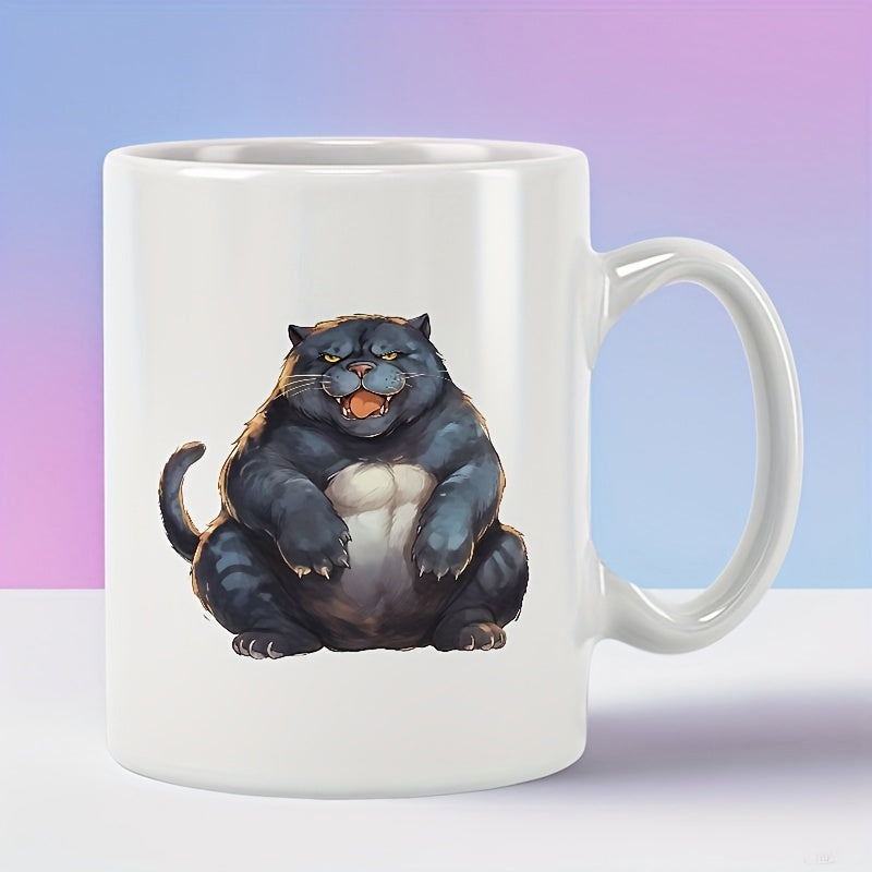 Tailorly White Ceramic 11 oz Mug - Fierce Sitting Dark Muscular Big Cat With Round Body Panther