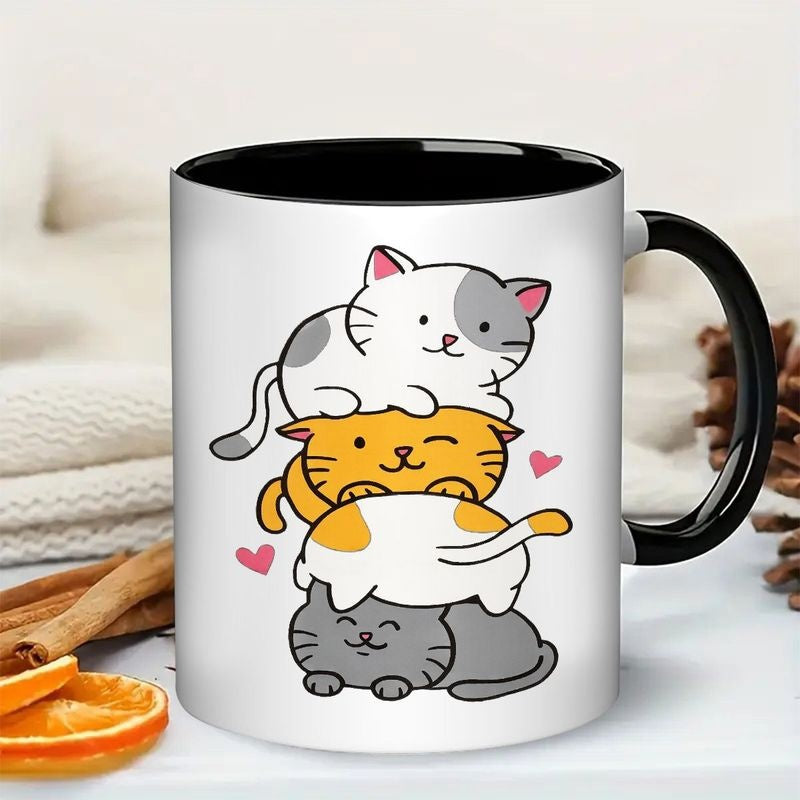 Tailorly Black Accent 11 oz Mug - stacked cats with grey tabby calico tuxedo cats