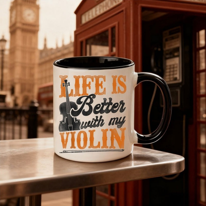 Tailorly Black Accent 11 oz Mug - violin text cursive "is better with my violin graphic design"