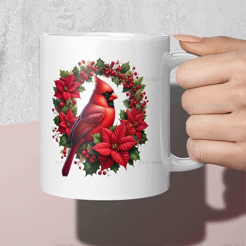 Tailorly White Ceramic 11 oz Mug - Vibrant Festive Red Bird Perched Within Poinsettia And Winter Berry Wreath Cardinal