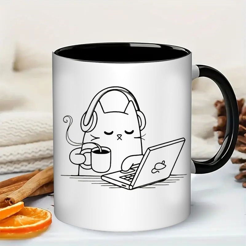 Tailorly Black Accent 11 oz Mug - funny cat with laptop and headphones sleeping